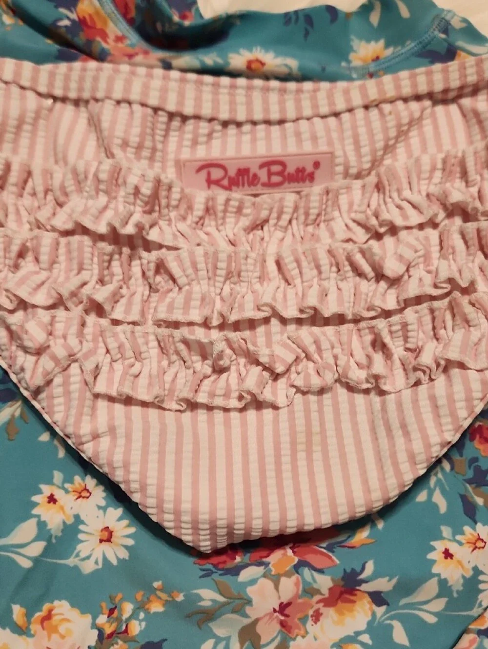 Ruffle Butts Teal Floral Kids Swim Rashguard - Girls Size 4T - Ruffle Butts